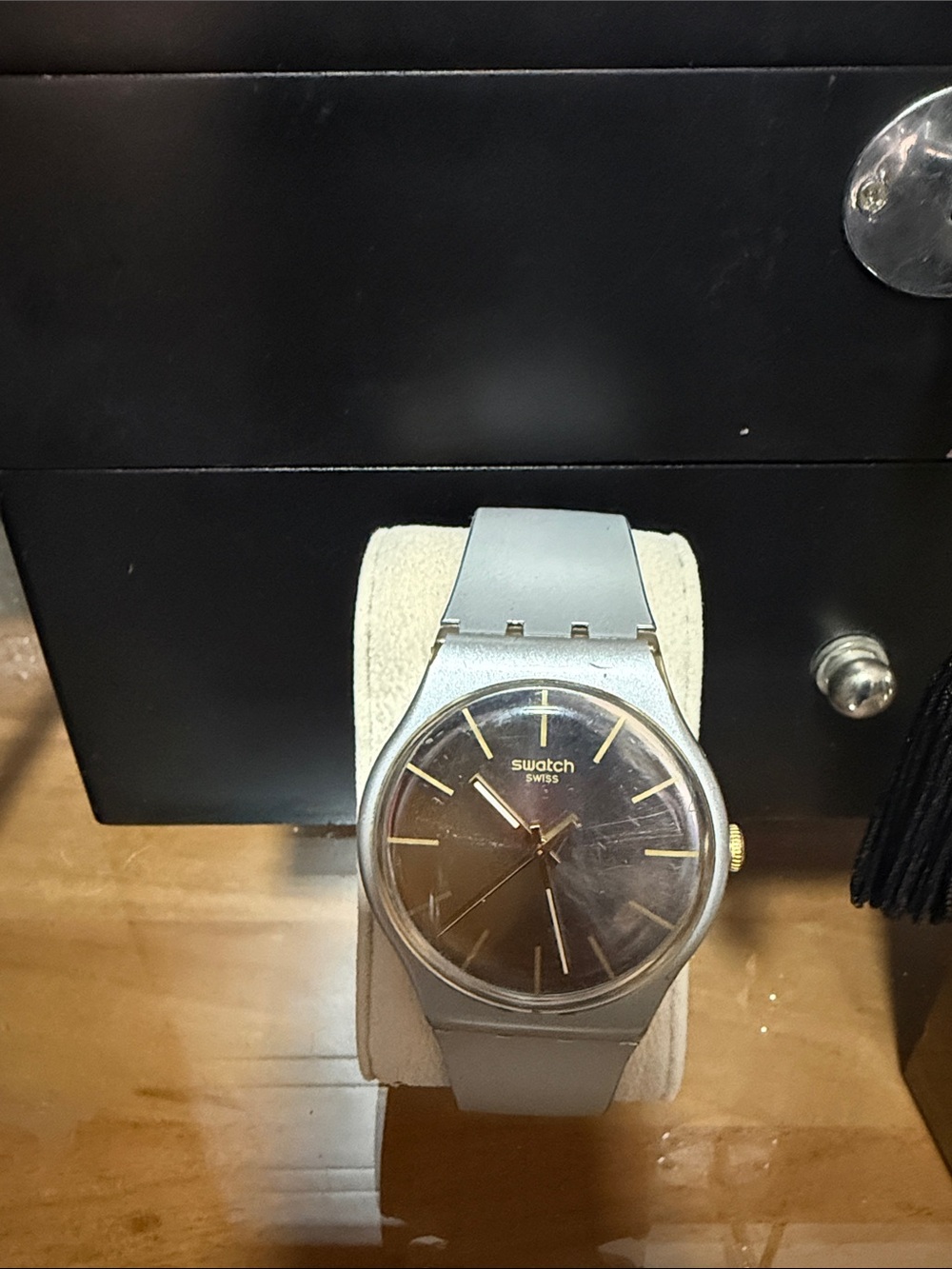 Swatch Grey/ Silver Strap Watch with Brown Dial and Gold Accents